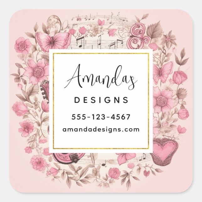 Sticker Carré Notes de musique et fleurs Style rétro (Devant)