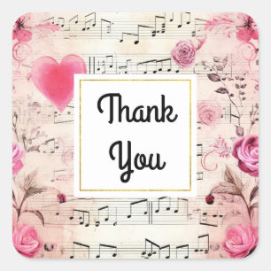 Sticker Carré Notes musicales et Merci de design Vintage Rose
