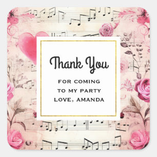 Sticker Carré Notes musicales et Merci du parti Vintage Rose