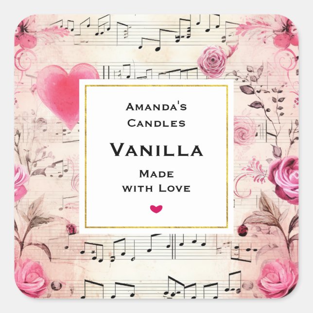 Sticker Carré Notes musicales et Rose Vintage bougie (Devant)