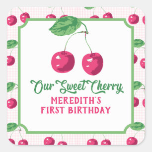 Sticker Carré "Notre cerise douce" Anniversaire rose et vert