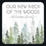 Sticker Carré Notre Nouveau Cou De La Forêt De Pins D'Aquarelle<br><div class="desc">Célébrez en style avec ces stickers de mariage élégants et très tendance. Ce design est facile à personnaliser avec votre libellé d'événement spécial et vos invités seront ravis quand ils reçoivent ces fabuleux autocollants. Parfait pour une fête de réveil ou pour envoyer des cartes de changement d'adresse.</div>