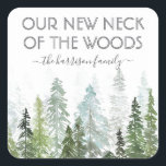 Sticker Carré Notre Nouveau Cou De La Forêt De Pins D'Aquarelle<br><div class="desc">Célébrez en style avec ces stickers de mariage élégants et très tendance. Ce design est facile à personnaliser avec votre libellé d'événement spécial et vos invités seront ravis quand ils reçoivent ces fabuleux autocollants. Parfait pour une fête de réveil ou pour envoyer des cartes de changement d'adresse.</div>
