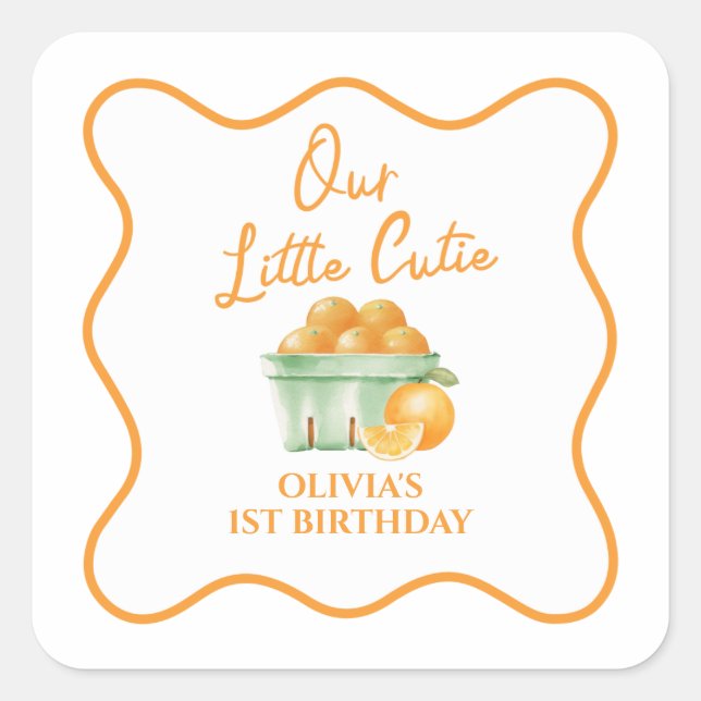 Sticker Carré Notre petit anniversaire orange mignon (Devant)