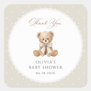 Sticker Carré Nounours, Arc, Points beige, Baby Shower