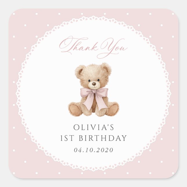 Sticker Carré Nounours, Arc, Points roses, Premier Anniversaire (Devant)