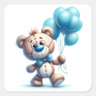 Sticker Carré Nounours avec ballons bleus