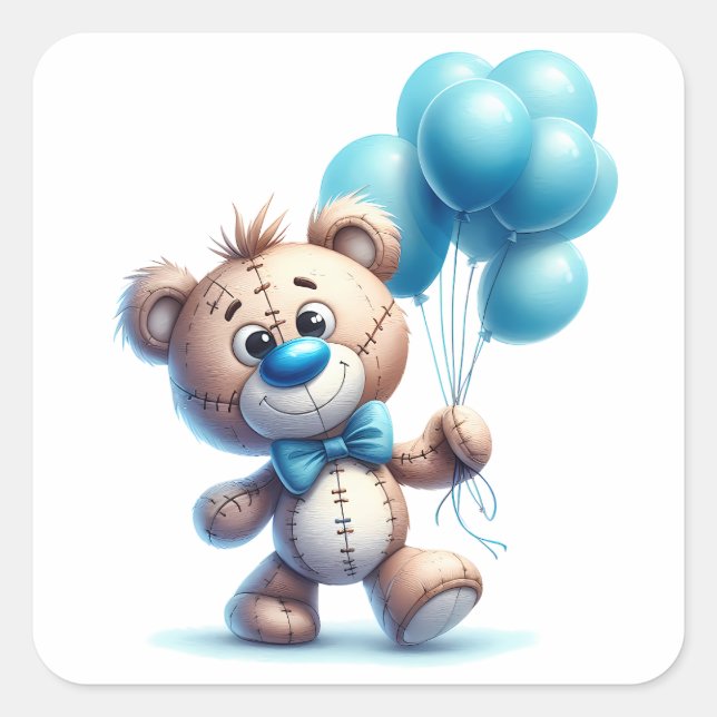 Sticker Carré Nounours avec ballons bleus (Devant)