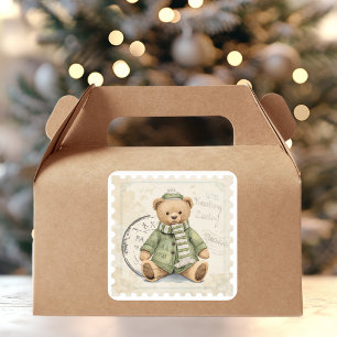 Sticker Carré Nounours d'hiver en peluche en manteau vert vintag