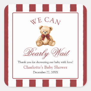 Sticker Carré Nounours en peluche à ruban rouge pour Baby Shower
