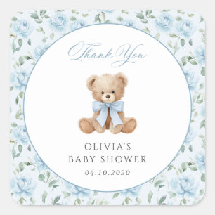 Sticker Carré Nounours en peluche, Nœud papillon bleu, Fleurs bl