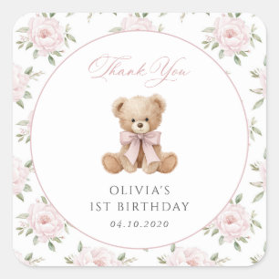 Sticker Carré Nounours en peluche, Nœud rose, Fleurs roses, Prem