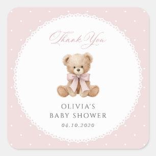 Sticker Carré Nounours en peluche, Nœud rose, Points roses, Baby