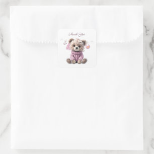 Sticker Carré Nounours en peluche rose Merci