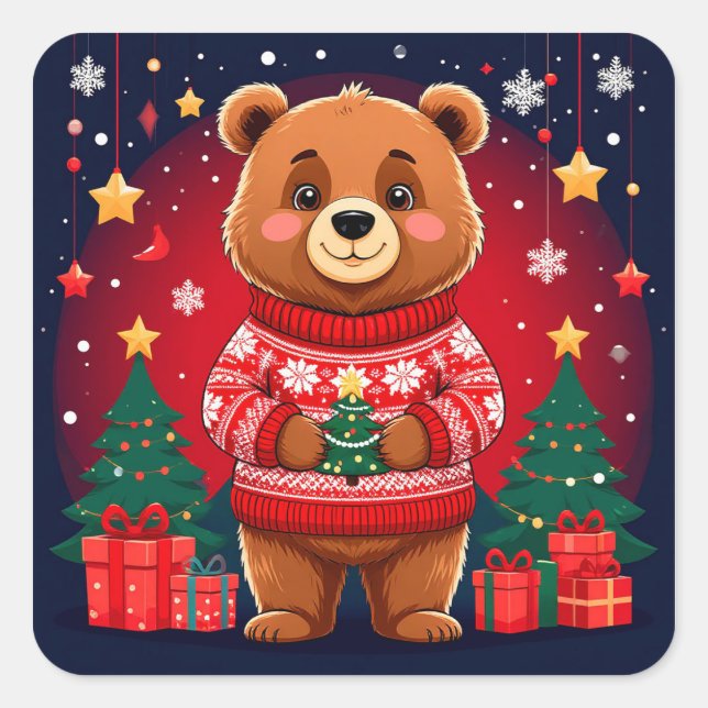 Sticker Carré Nounours mignon en pull de Noël (Devant)