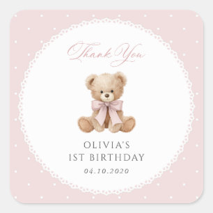 Sticker Carré Nounours, Nœud, Points roses, Premier anniversaire