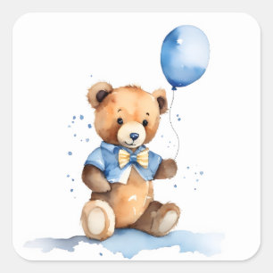 Sticker Carré Nounours ours en peluche avec ballon bleu