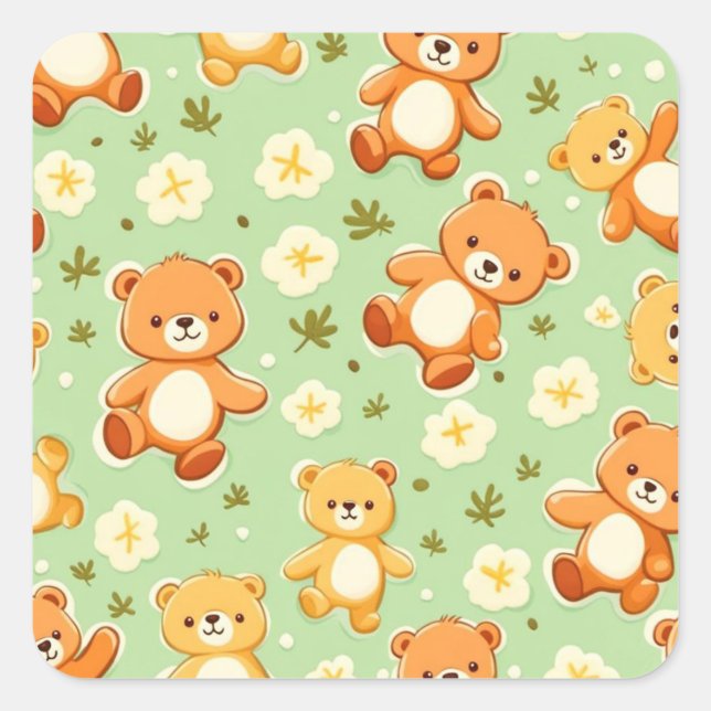 Sticker Carré Nounours ours en peluche et motif de feuilles vert (Devant)