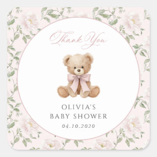 Sticker Carré Nounours rose, ruban rose, fleurs roses, Baby Show