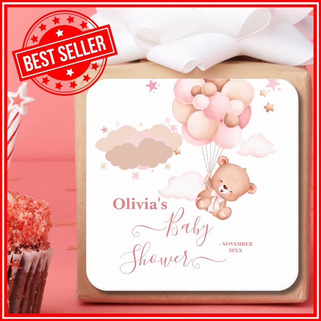 Sticker Carré Nous Pouvons Attendre Pink Pooh Baby shower Ours (Créateur téléchargé)