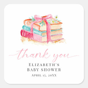 Sticker Carré Nouveau chapitre Baby Shower Aquarelle Rose Merci