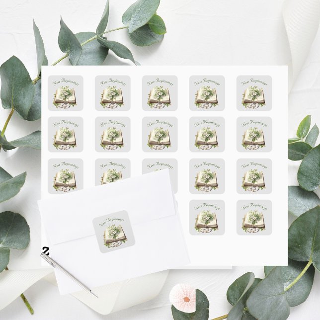 Sticker Carré Nouveau début Floral Open Book Mariage (New Beginnings Square Stickers )