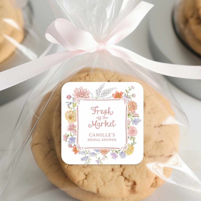 Sticker Carré Nouveau du Marché Floral Bridal Shower  (Fresh off the market bridal shower sticker)