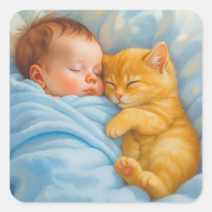 Sticker Carré Nouveau-né bébé garçon Napping avec Kitten
