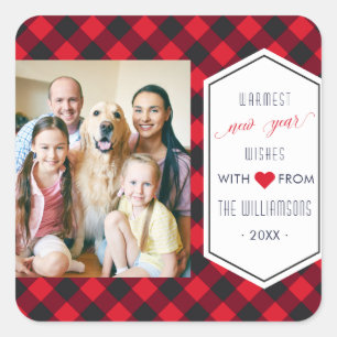 Sticker Carré Nouvel An Buffalo Plaid Holiday Photo
