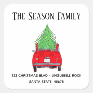 Sticker Carré Nouvelle adresse Voiture rouge avec arbre de Noël