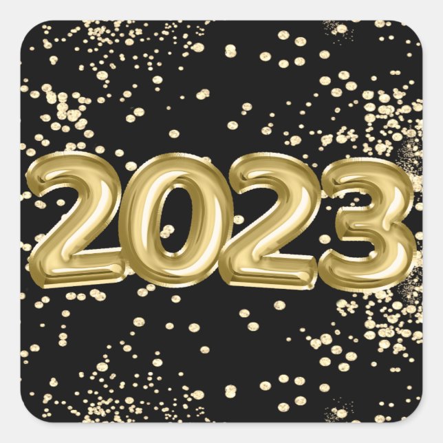 Sticker Carré Nouvelle année 2023 | Confettis et ballons noirs e (Devant)