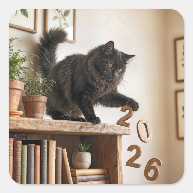 Sticker Carré Nouvelle Année 2027 Chat Enjoué (Devant)