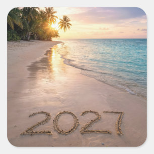 Sticker Carré Nouvelle Année 2027 Plage Tropicale