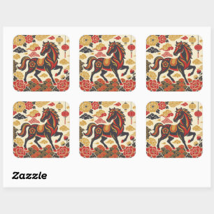 Sticker Carré Nouvelle année lunaire Cheval Vintage Nouvel An