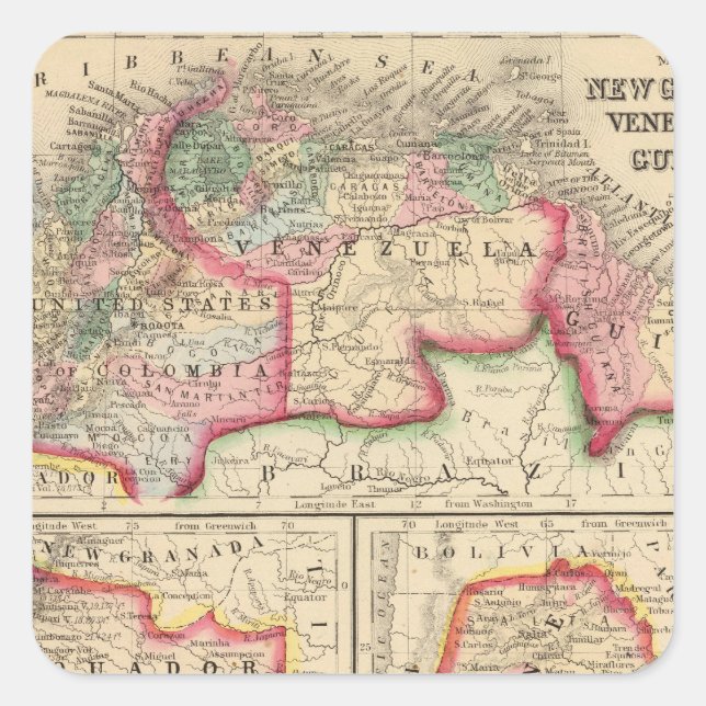 Sticker Carré Nouvelle Grenade, Venezuela, Guyane Carte par Mitc (Devant)