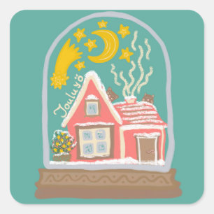 Sticker Carré Nuit de Noël cabane finlandaise sur fond vert pin