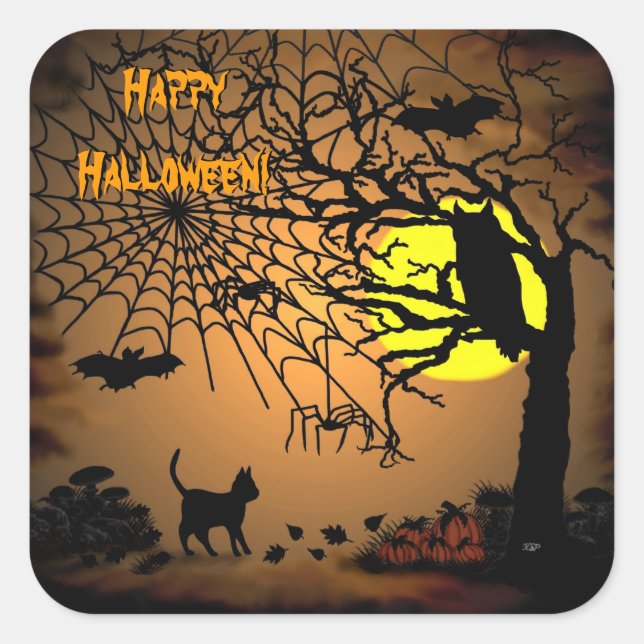 Sticker Carré Nuit d'Halloween, Joyeux Halloween ! (Devant)