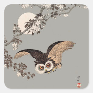 Sticker Carré Nuit Japonaise Chouette Lune Bois Coupe Flying Nig