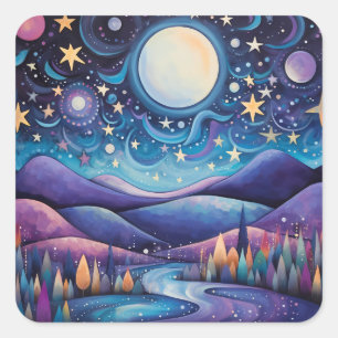 Sticker Carré Nuit lunaire Big Moon Paysage
