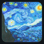 Sticker Carré Nuit Van Gogh Starry<br><div class="desc">Stickers représentant la peinture à l’huile de Vincent van Gogh The Starry Night (1889). Inspiré par son séjour dans un asile,  l'art représente un village sous un ciel nocturne de lune et d'étoiles bleues et jaunes. Un grand cadeau pour les amateurs de post-impressionnisme et d'art hollandais.</div>