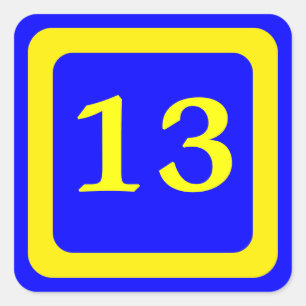 Sticker Carré numéro 13, arrière - plan bleu, cadre jaune