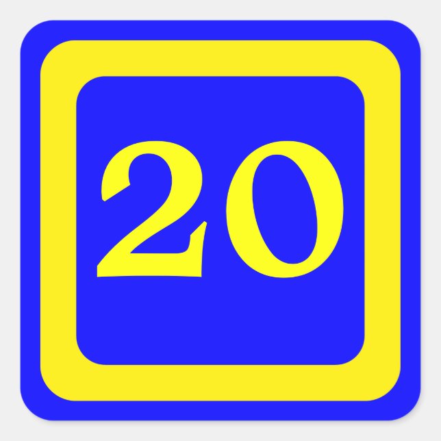 Sticker Carré numéro 20, arrière - plan bleu, cadre jaune (Devant)