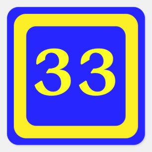 Sticker Carré numéro 33, arrière - plan bleu, cadre jaune