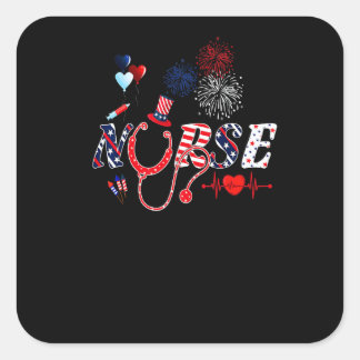 Sticker Carré Nurse Stethoscope Usa American Flag Happy 4th Of J