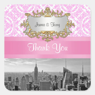 Sticker Carré NY City Skyline BW D4P Rose Blanc Damassé Merci
