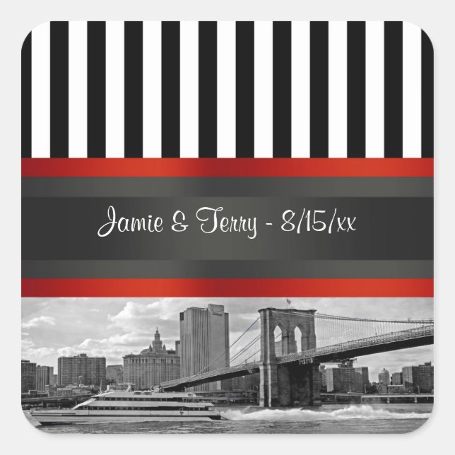 Sticker Carré NYC Skyline Brooklyn Bridge Boat Invitation Suite (Devant)