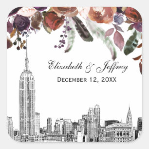 Sticker Carré NYC Skyline ESB Etch Burgundy Plum FlorMariage