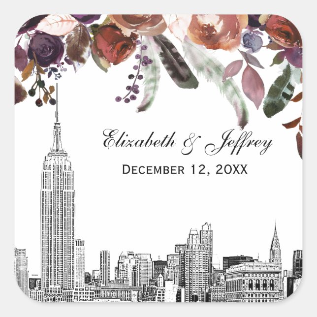 Sticker Carré NYC Skyline ESB Etch Burgundy Plum FlorMariage (Devant)