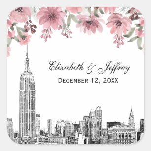 Sticker Carré NYC Skyline ESB Etch rose Floral Aquarelle