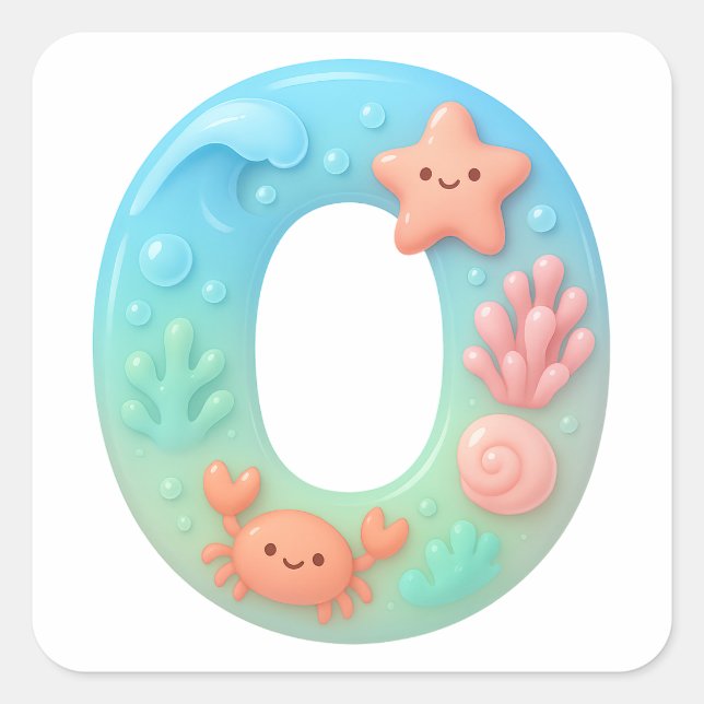 Sticker Carré "O" Cute Letter - Underwater Sea Creature  (Devant)
